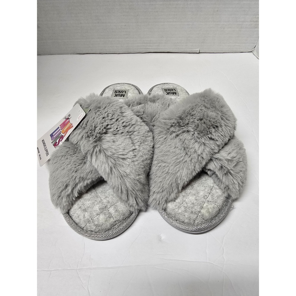 Muk Luks Womens Grey Faux Fur Cross Band Slippers Size L 9-10 NWT